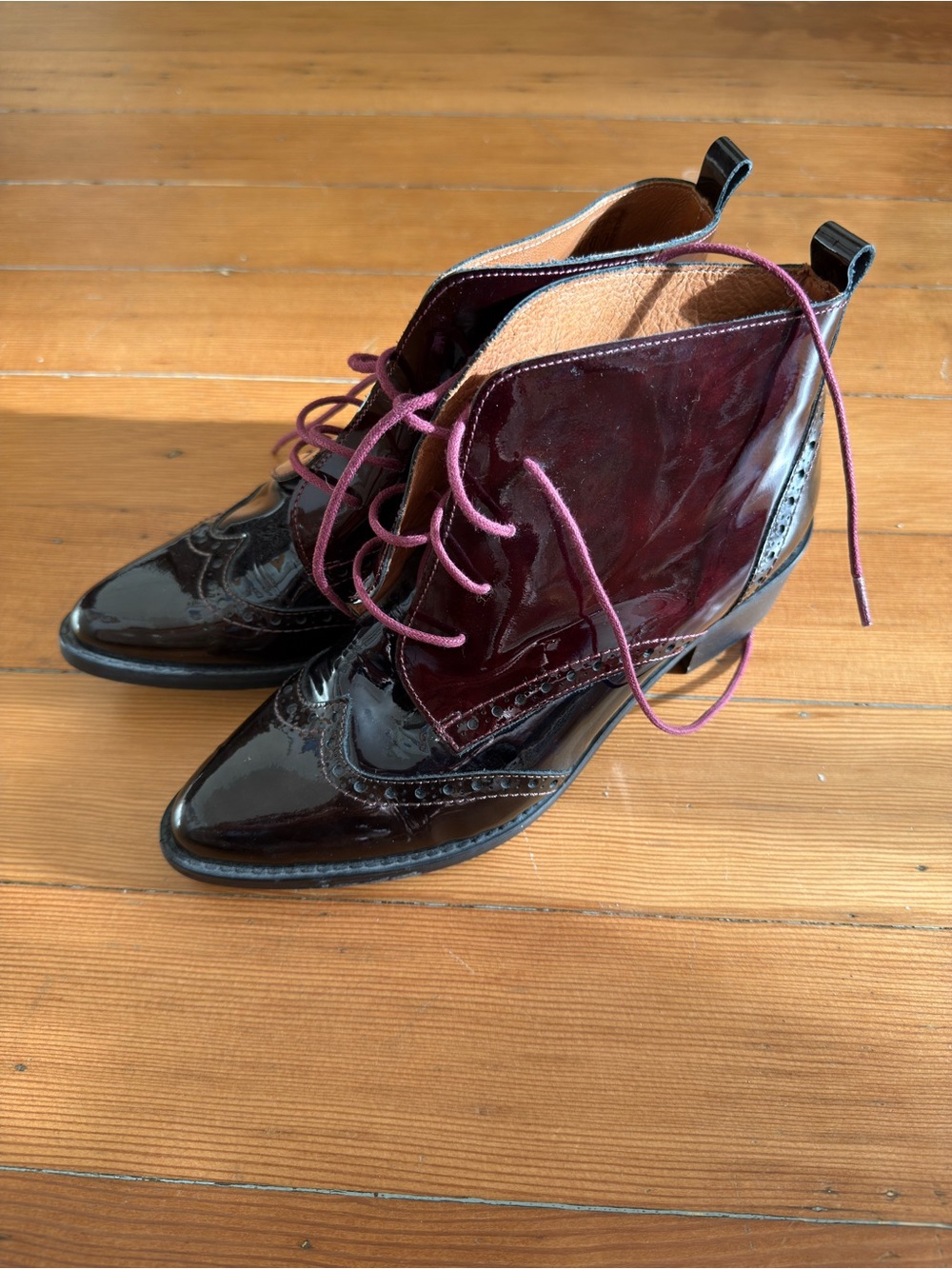Marroqui Sanchez Patent Leather Burgundy Lace-Up Ankle Boots - Women's